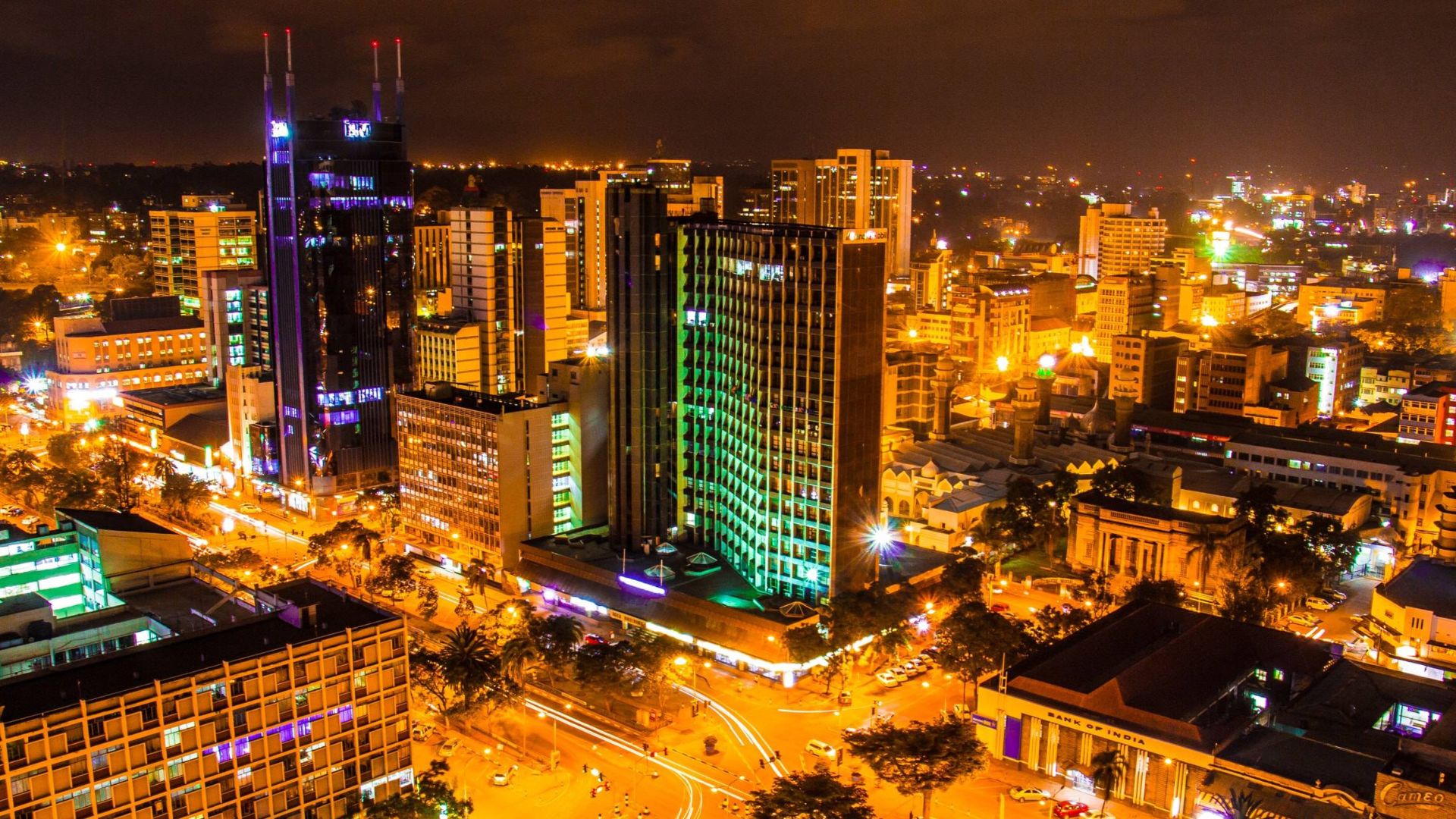 Nairobi skyline glowing at night across the Westlands business district